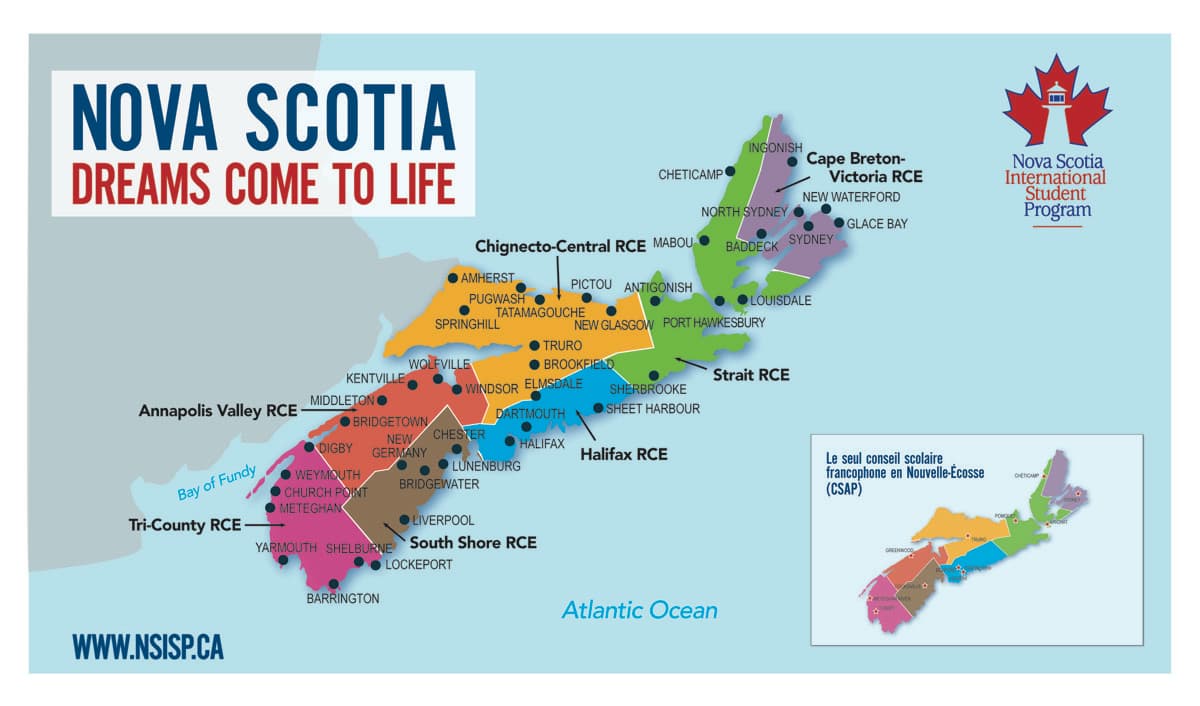 Map of Nova Scotia showing 8 Regional Centres for Education